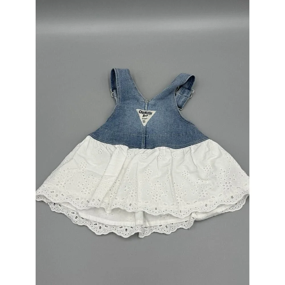 OshKosh B'gosh Baby Girl Denim Overall Dress Eyelet Skirt 6M